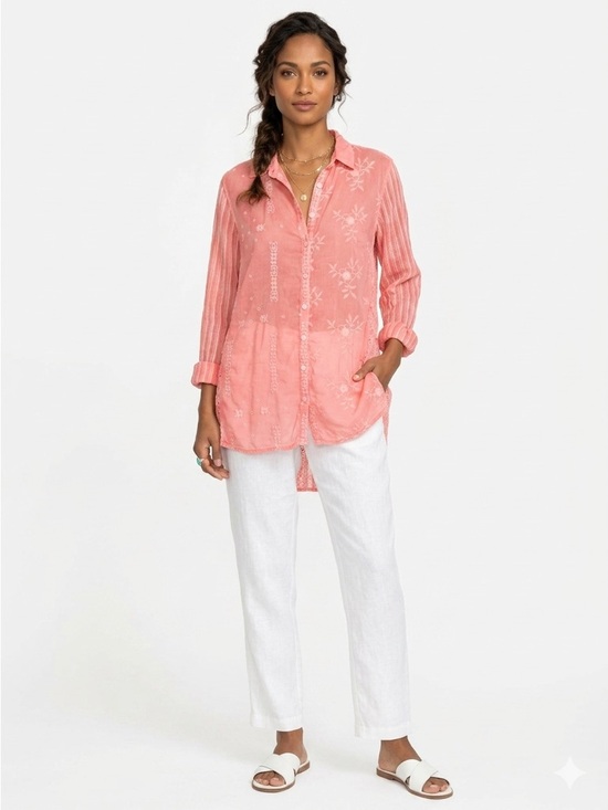 Johnny Was Tops - Johnny Was Coral Pink Embroidered Button-Down Shirt